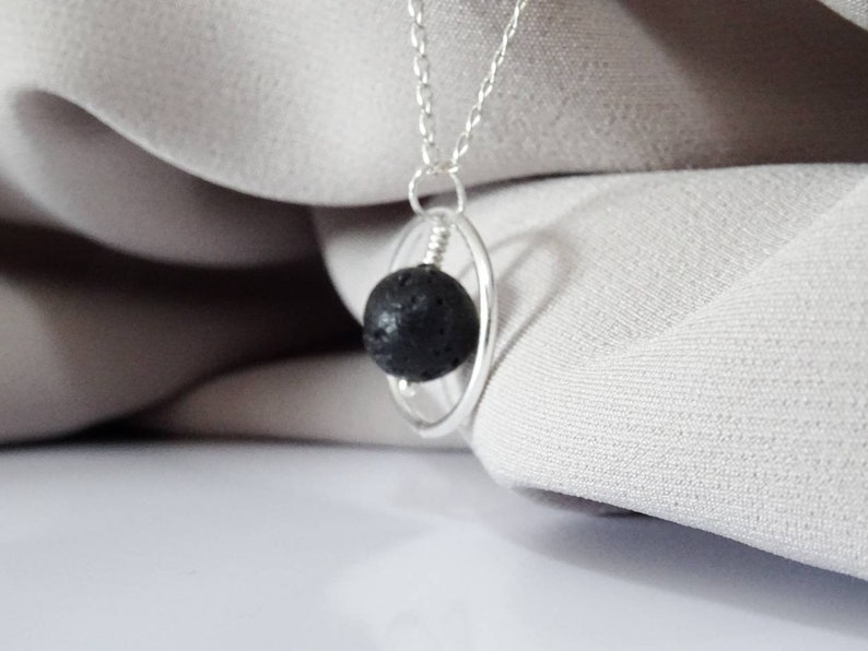Lava Necklace Sterling Silver Unique Black Lava Wire Wrap Circle Healing Pendant Necklace Gift Idea For Calm, strength and stability image 2