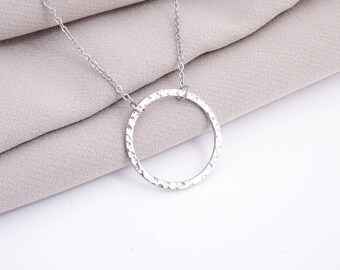 Stainless Steel Hammered Effect Circle Ring Pendant Necklace Modern Style Gift