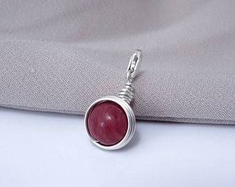 925 Sterling Silver Rhodochrosite Ball Pendant Wire Wrap Clip On Charm With Lobster Clasp Healing Charm