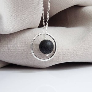 Lava Necklace Sterling Silver Unique Black Lava Wire Wrap Circle Healing Pendant Necklace Gift Idea For Calm, strength and stability image 3