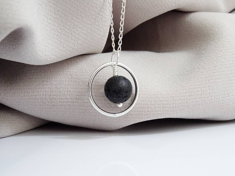 Lava Necklace Sterling Silver Unique Black Lava Wire Wrap Circle Healing Pendant Necklace Gift Idea For Calm, strength and stability image 3