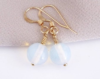 14K Gold Fill Gemstone Dangle Ornate White Opal Earrings Drop Hook Earrings Gift Free UK Delivery