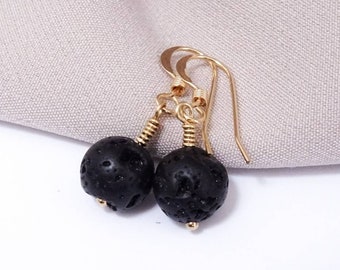 PERSONALISED 14K Gold Fill Gemstone Dangle Ornate Black Lava Earrings Drop Hook Earrings Gift Free UK Delivery