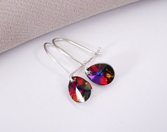 925 Sterling Silver Dangle Ornate Red Blue Swarovski Crystal Vulcano Tear Drop Hoop Sleeper Earrings Gift