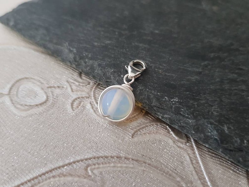 PERSONALISED 925 Sterling Silver White Opal Ball Pendant Wire Wrap Clip On Charm With Lobster Clasp Healing Charm image 2