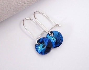 925 Sterling Silver Dangle Ornate Blue Swarovski Crystal Round Circle Hoop Sleeper Earrings Gift