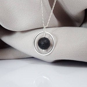 Lava Necklace Sterling Silver Unique Black Lava Wire Wrap Circle Healing Pendant Necklace Gift Idea For Calm, strength and stability image 1