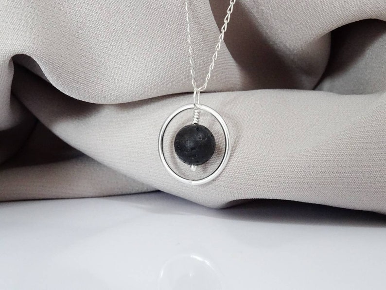 Lava Necklace Sterling Silver Unique Black Lava Wire Wrap Circle Healing Pendant Necklace Gift Idea For Calm, strength and stability image 1