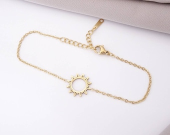 Stainless Steel Yellow Gold Plated Stackable Geometric Sun Chain Charm Bracelet Gift Idea