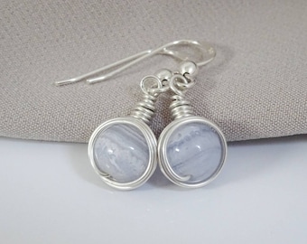 Chalcedony Earrings Sterling Silver Gemstone Dangle Ornate Chalcedony Earrings Wire Wrap Drop Hook Earrings Personalised Gift