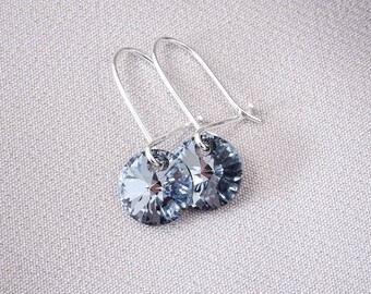 925 Sterling Silver Dangle Ornate Light Grey Swarovski Crystal Round Circle Hoop Sleeper Earrings Gift