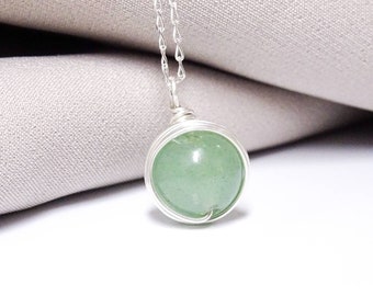 Aventurine Necklace Sterling Silver Unique Wire Wrap Healing Pendant Necklace Gift Idea