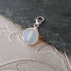 PERSONALISED 925 Sterling Silver White Opal Ball Pendant Wire Wrap Clip On Charm With Lobster Clasp Healing Charm image 1