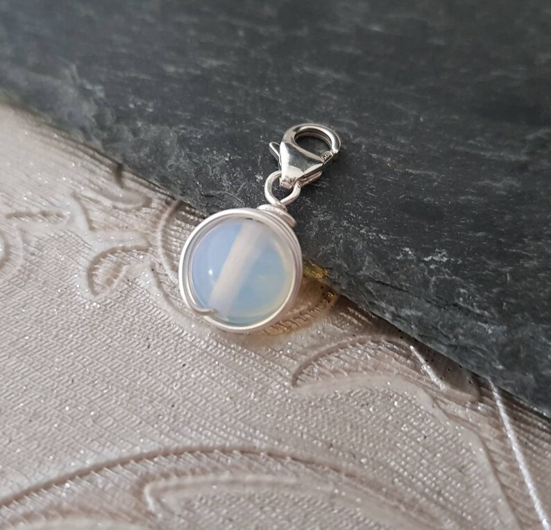 PERSONALISED 925 Sterling Silver White Opal Ball Pendant Wire Wrap Clip On Charm With Lobster Clasp Healing Charm image 1