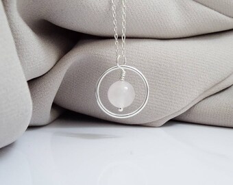 925 Sterling Silver Unique Rose Quartz Wire Wrap Circle Healing Pendant Necklace Gift Idea For Calm, strength and stability
