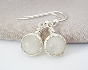 Moonstone Earrings Sterling Silver Gemstone Dangle Ornate Moonstone Earrings Wire Wrap Drop Hook Earrings Personalised Gift Free UK Delivery