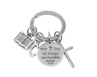 Bible Keychain, Scripture Keychain, With God All Things Are Possible, Matthew 19 26 Gift, Christian Keychain, bible key chain Cross Keychain