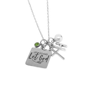 Engraved Necklace, Let Go, And Let God, Birthstone necklace, Cross Necklace, Charm Necklace, Christian necklace, Initial Necklace