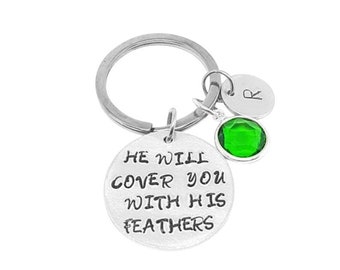 He Will Cover You, With His Feathers Keychain, Bible Keychain, Birthstone Keychain, Scripture Keychain, Hand Stamped Keychain