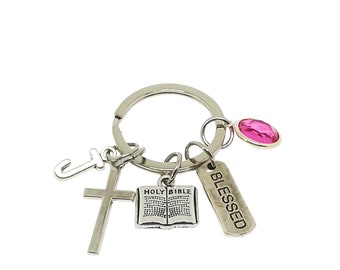 Christian Keychain, Cross Keychain, Bible Keychain, Religious Keychain, Initial Keychain, Christian Gift, Birthstone Keychain, Charm Keyring