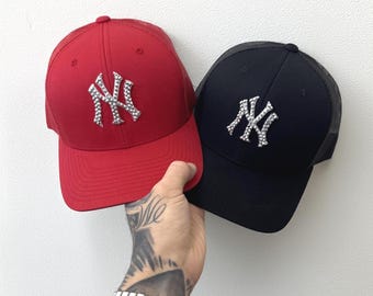 Rhinestone Embroidered New York Diamond Trucker Snapback - Custom Bling NY Embroidery Hat - Adjustable Baseball Cap - New York Baseball Fan