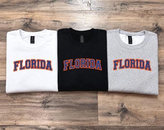 Sudadera bordada de Florida, estilo vintage universitario, cuello redondo, ropa para el día del partido, aficionado al fútbol americano, sudadera con bordado personalizado.