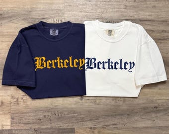 Camiseta bordada de Berkeley, California, camiseta universitaria, Comfort Colors, camiseta bordada, merchandising universitario, camiseta escolar personalizada para el día del partido