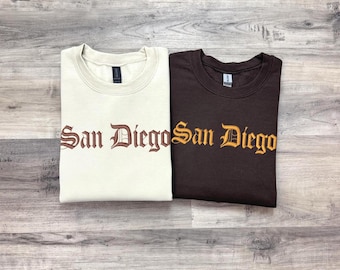 Embroidered San Diego Sweatshirt - Gothic Crewneck Pullover - California Sweater - Vintage SD Embroidery - Old English - Padres Baseball