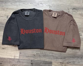 Embroidered Houston T-Shirt, Vintage Style Comfort Colors, Custom Embroidery, Houston Fan, Basketball Fan, Embroidered Houston T-Shirt