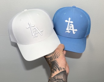 LA Cross Embroidered Trucker Snapback Hat - Christian Hat - Faith Based Snapback Cap - 3D Puff Embroidery Hat - Religious Streetwear Hat