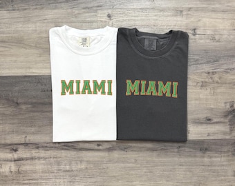 Embroidered Miami Inspired Football T-Shirt - Comfort Colors Garment Dyed Tee - Vintage Style Miami College Shirt - Custom Embroidery