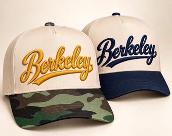 Gorra Berkeley Snapback bordada, gorra retro personalizada, bordado 3D en relieve, gorra vintage bicolor de la ciudad de California, gorra de béisbol universitaria personalizada