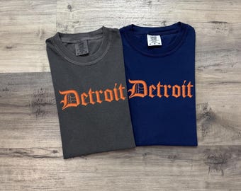 Detroit Embroidered T-Shirt – Custom Baseball Shirt – Vintage Style Comfort Colors Shirt - Garment Dyed - Detroit Fan - Custom Baseball Gift