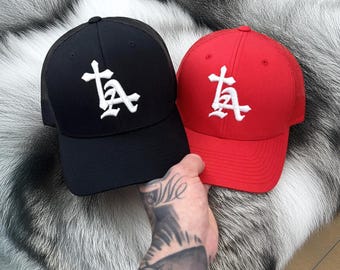 Embroidered LA Cross Hat - Christian Cap - Streetwear Faith Snapback - Los Angeles Fan - Puff Embroidery - LA Gift - Baseball Trucker
