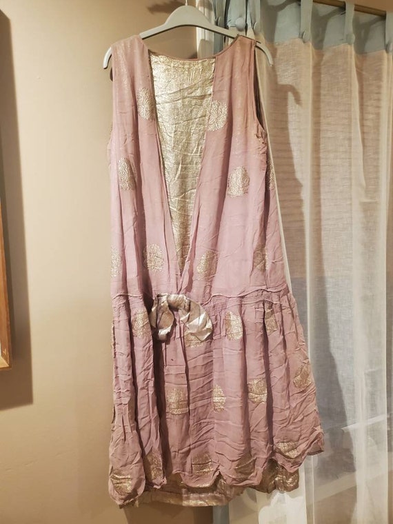 20s lamé and metallic crepe evening gown. Size lar