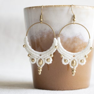 Big Macrame Earrings | Boho Bridal Handmade Jewelry | Bohemian Hoops | Hippie Wedding | Festival Accessories | Off-White Gold Ivory