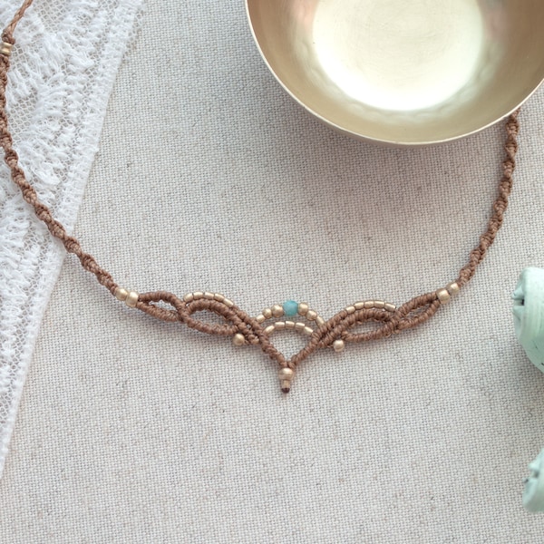 Macrame Choker with faceted Amazonite | Boho Diadem | Bohemian Handmade Jewelry | Hippie Tiara | Golden Headpiece | Bohemian Bridal Circlet