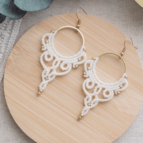 Long Macrame Earrings | Boho Bridal Jewelry | Handmade Macrame Jewelry | Bohemian Hoops | Hippie Wedding | Festival Accessories | Ivory Gold