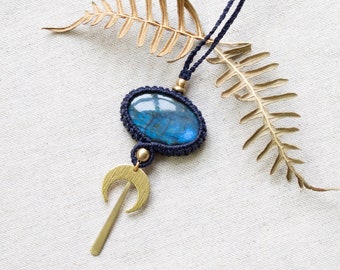 Dark Blue Labradorite Necklace | Boho Micro Macrame Healing Crystal Jewelry | Long Pendant Necklace | Mystical Goddess Amulet Halfmoon