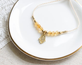 Dainty Macrame Bracelet | Delicate Protection Bracelet with Citrine | Handmade Jewelry | Hand Of Fatima | Minimalist Everyday Bracelet