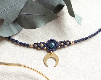 Macrame Choker with Rock Crystal Quartz and Crescent Moon | Boho Half Moon Choker | Dark Blue Gothic Jewelry