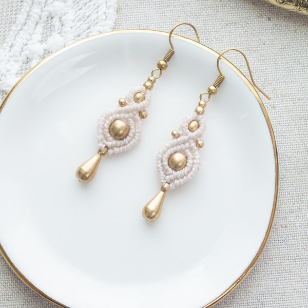 Dainty Macrame Earrings | Boho Bridal Handmade Jewelry | Hippie Wedding | Festival Jewelry | Small Earrings for Brides | Beige Ivory Gold