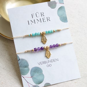 Freundschaftsarmbänder 2er Set Boho Armband mit Edelsteinen | Schwester Geschenk Armbänder Beste Freundin Karte Postkarte | Makramee Armband