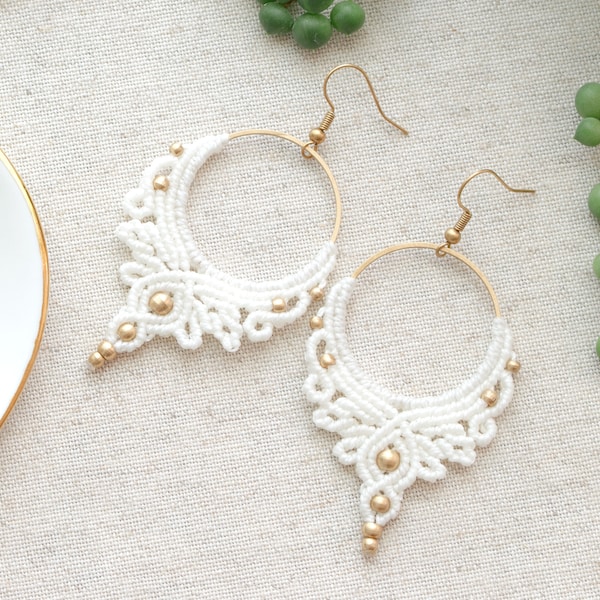 Big Macrame Earrings | Boho Bridal Jewelry | Handmade Jewelry | Boho Hoops | Hippie Wedding | Festival Accessories | Off-White Gold Ivory