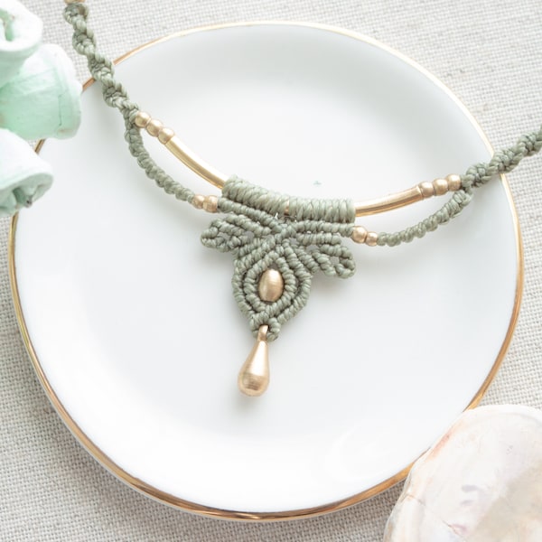 Boho Halskette | Tiara | Diadem | Collier | Mikro Makramee | Elfen Schmuck | Alternativ | Boho Chic | Goldener Tropfen