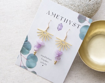 Amethyst Ohrringe mit Sonnenanhänger | Lavendel Amethyst | Edelstein Nuggets | Spiritueller Schmuck | Pastellfarben