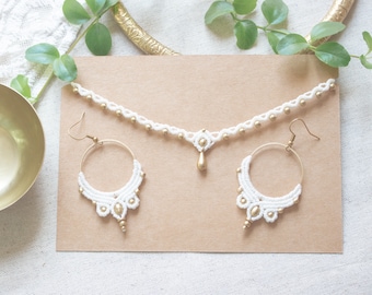 Makramee Hochzeits Set | Makramee Choker und Ohrringe | Tiara mit goldenem Tropfen | Festival Hippie Schmuck | Schlichter Brautschmuck