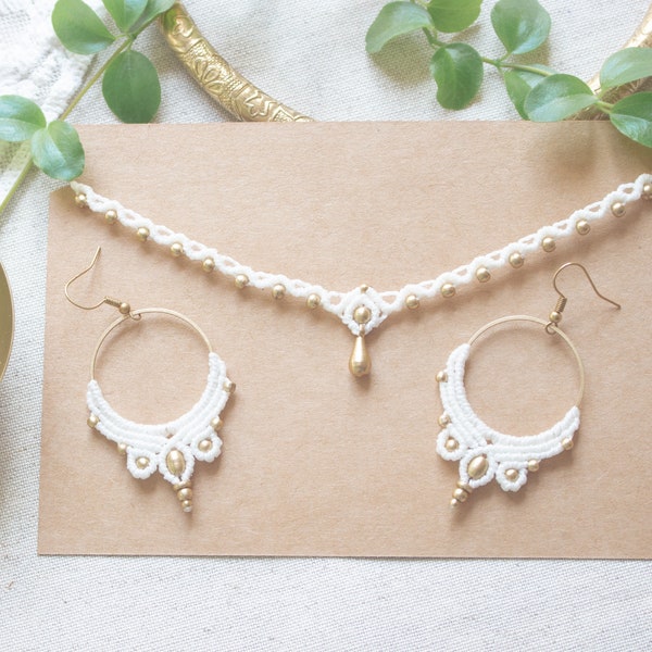 Macrame Bridal Jewelry Set | Handmade Boho Tiara and Hoop Earrings | Bohemian Choker | Hippie Wedding | Choker With Golden Teardrop