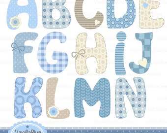 May include: A set of alphabet letters in blue, beige, and white with various patterns, including polka dots, stripes, and floral designs. The letters are outlined in black and have a stitched appearance. The text "VanillaBlue Creation" is at the bottom of the image.