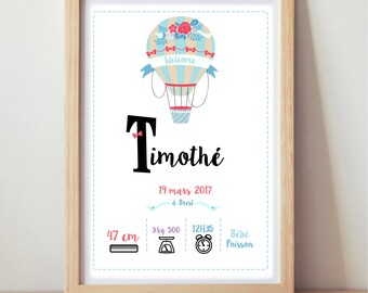 cartel de nacimiento, cartel del dormitorio del niño, cartel del regalo del nacimiento, regalo personalizado, decoración de la guardería, cartel del globo aerostático